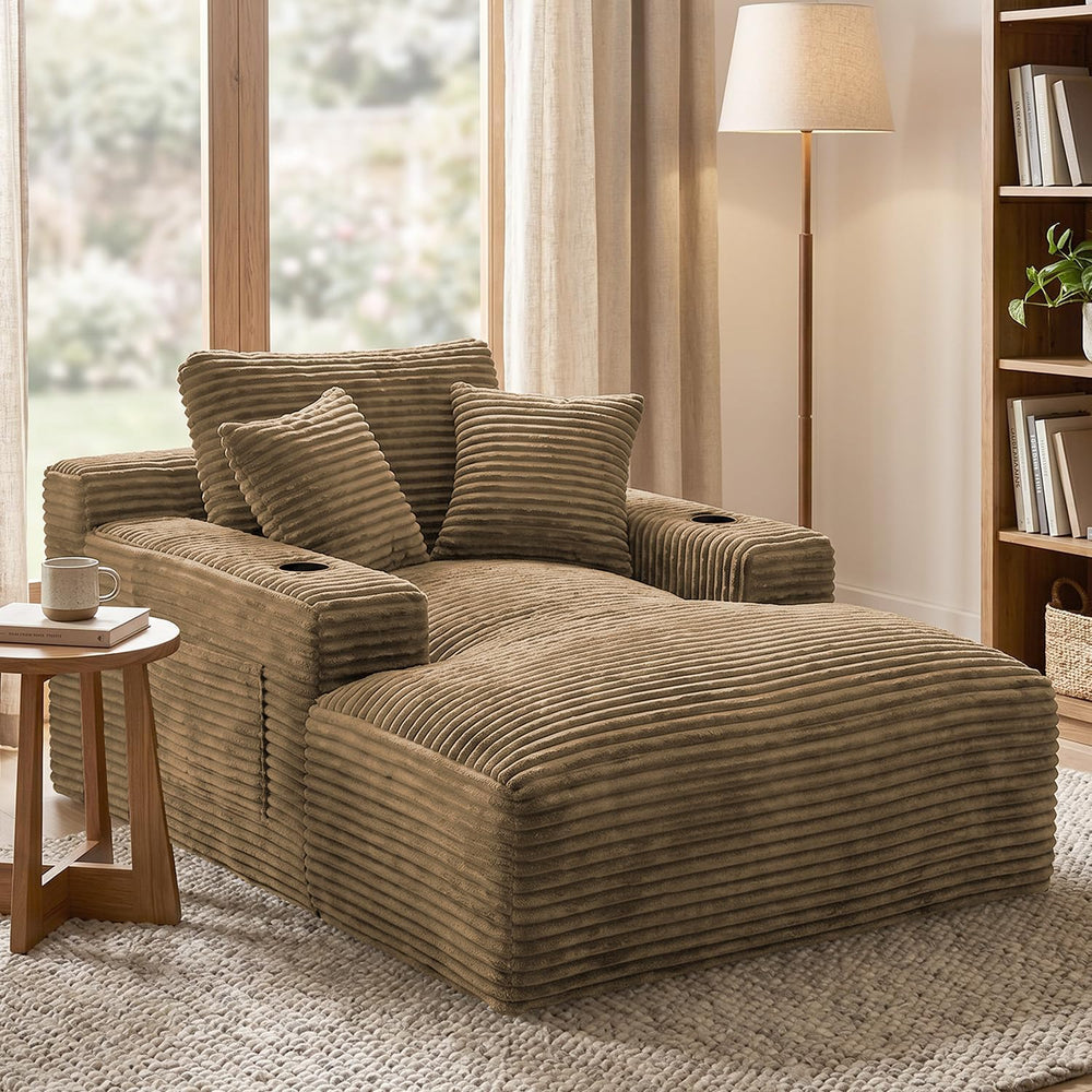 50" x 76" Corduroy Chaise Lounge Sofa Bed with Cup Holders, Camel