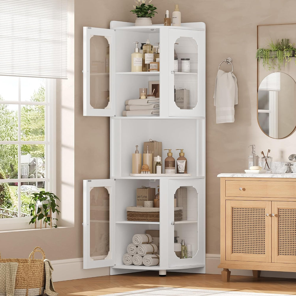 69" Tall Corner Storage Cabinet, 5-Tier Corner Hutch with Glass Doors,White