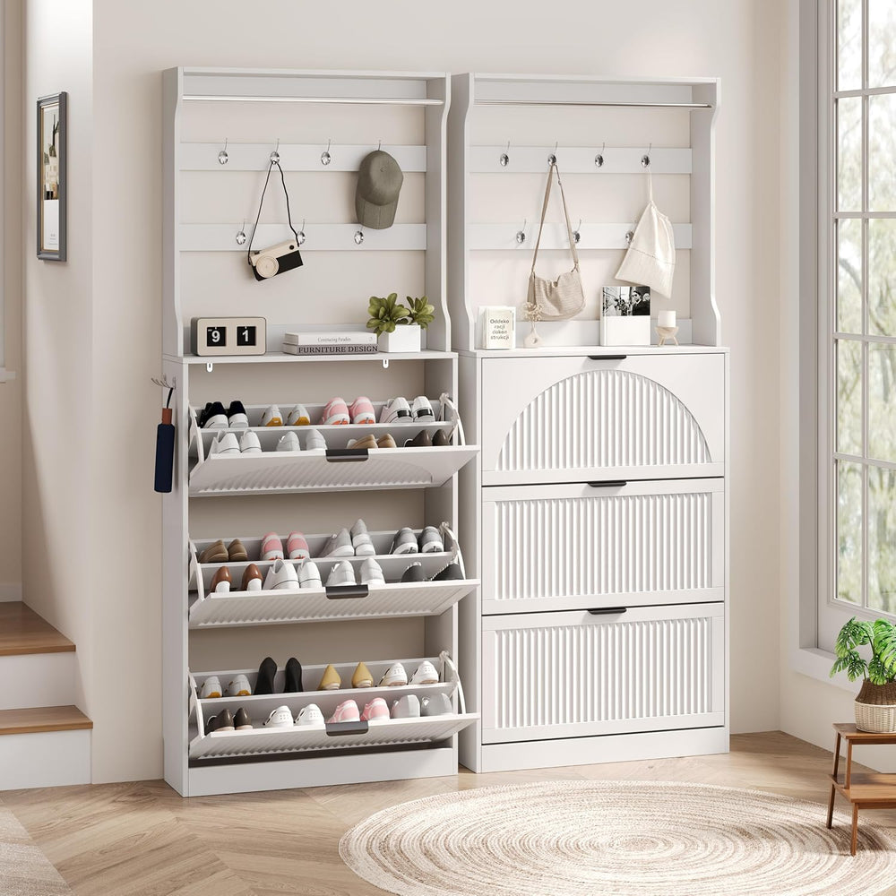 BORNOON Shoe Cabinet for Entryway with Coat Rack, Slim Fluted Design