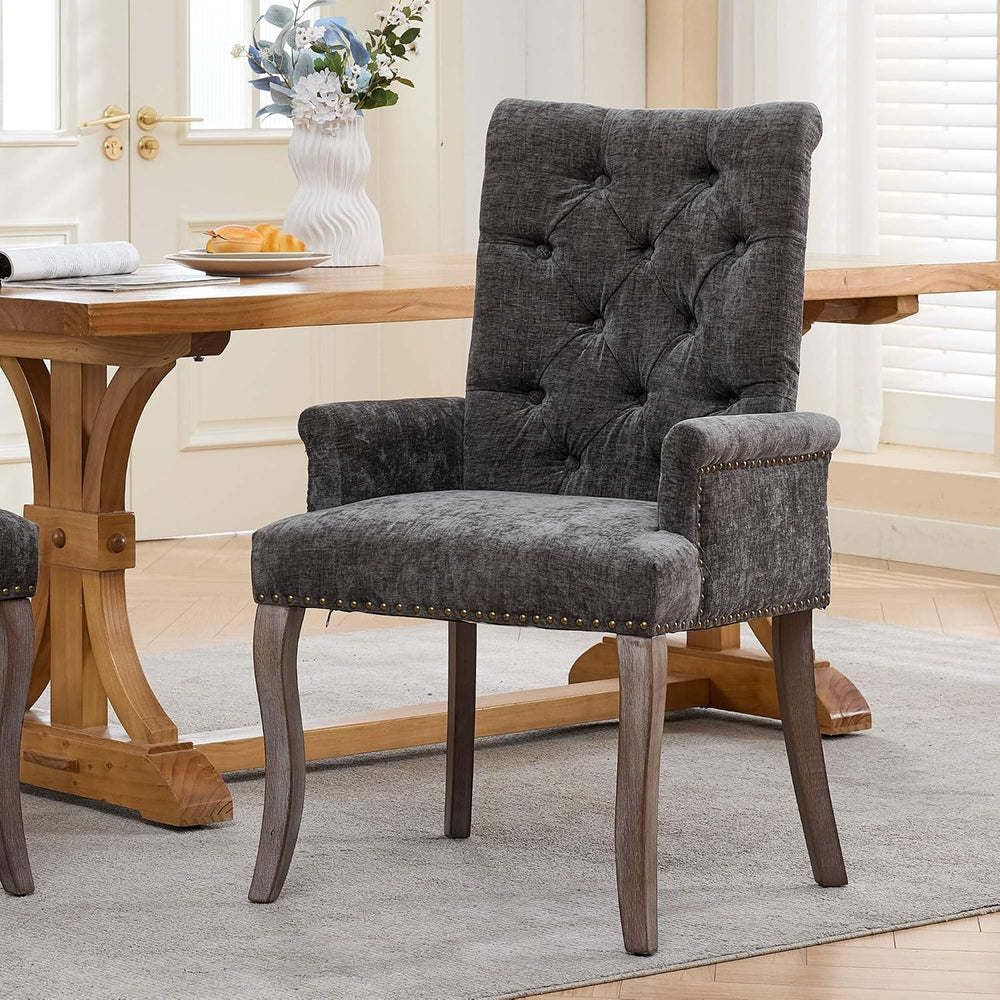 Farmhouse Upholstered Dining Chair with Arms & Nailhead Trim, Tufted Chen...
