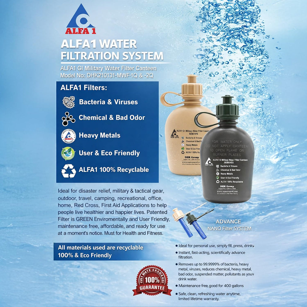 ALFA1 OD GI Military Water Filter Canteen w/Cap, Filter, & Body