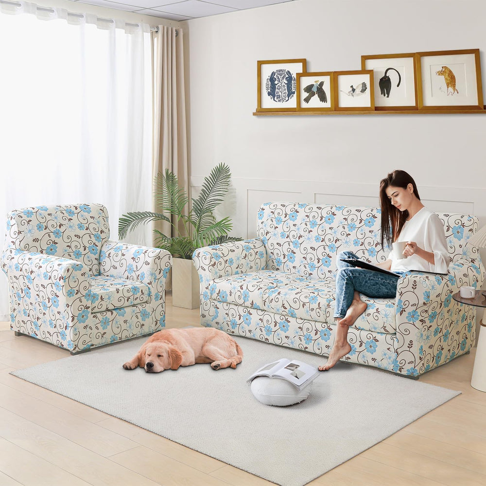 Stretch Printed Sofa Cover Couch Covers, 4-Piece Loveseat Slipcovers with 2 S...