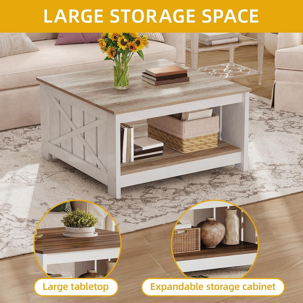 DWVO Square Farmhouse Coffee Table with 2-Tier Storage, Grey Wash