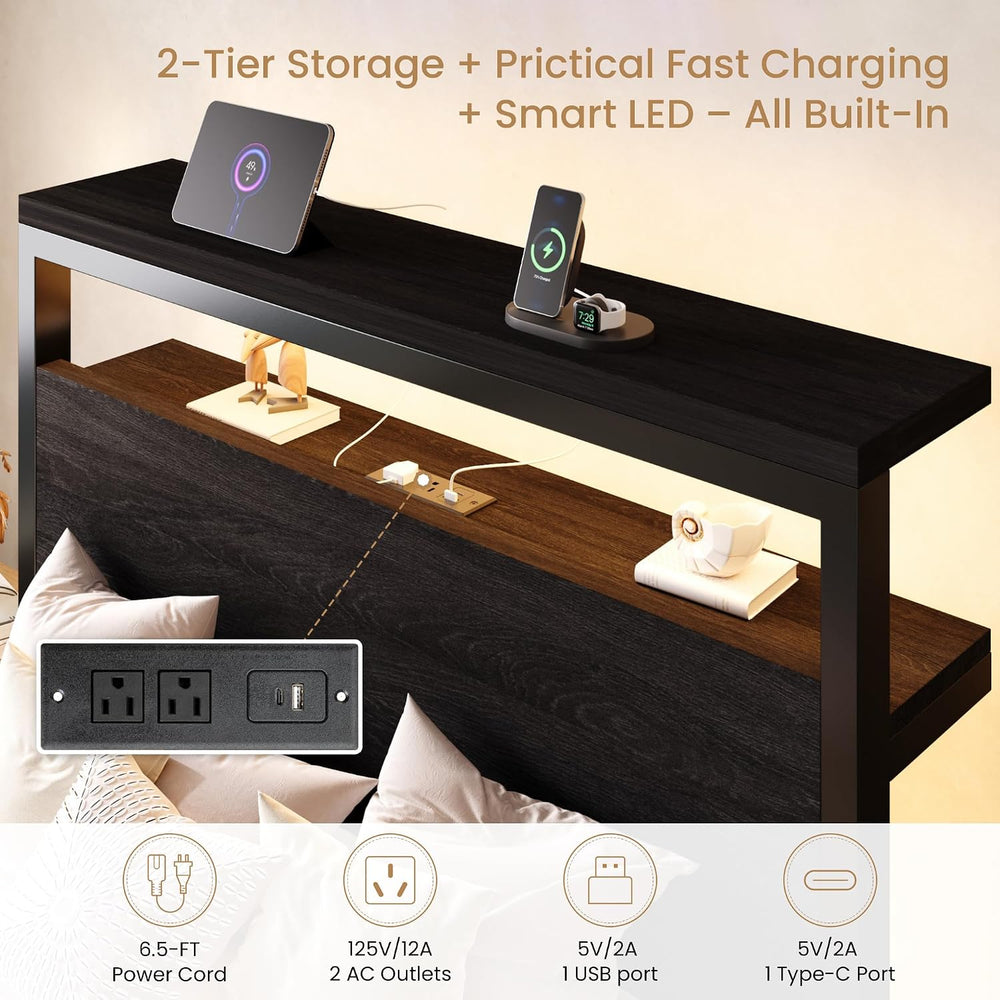 SHA CERLIN Twin Bed Frame, 2-Tier Storage Headboard, LED, Charging Station