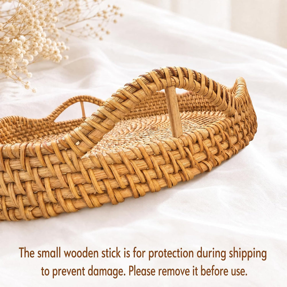 YANGQIHOME Round Scalloped Rattan Tray, Handwoven Decorative Tray