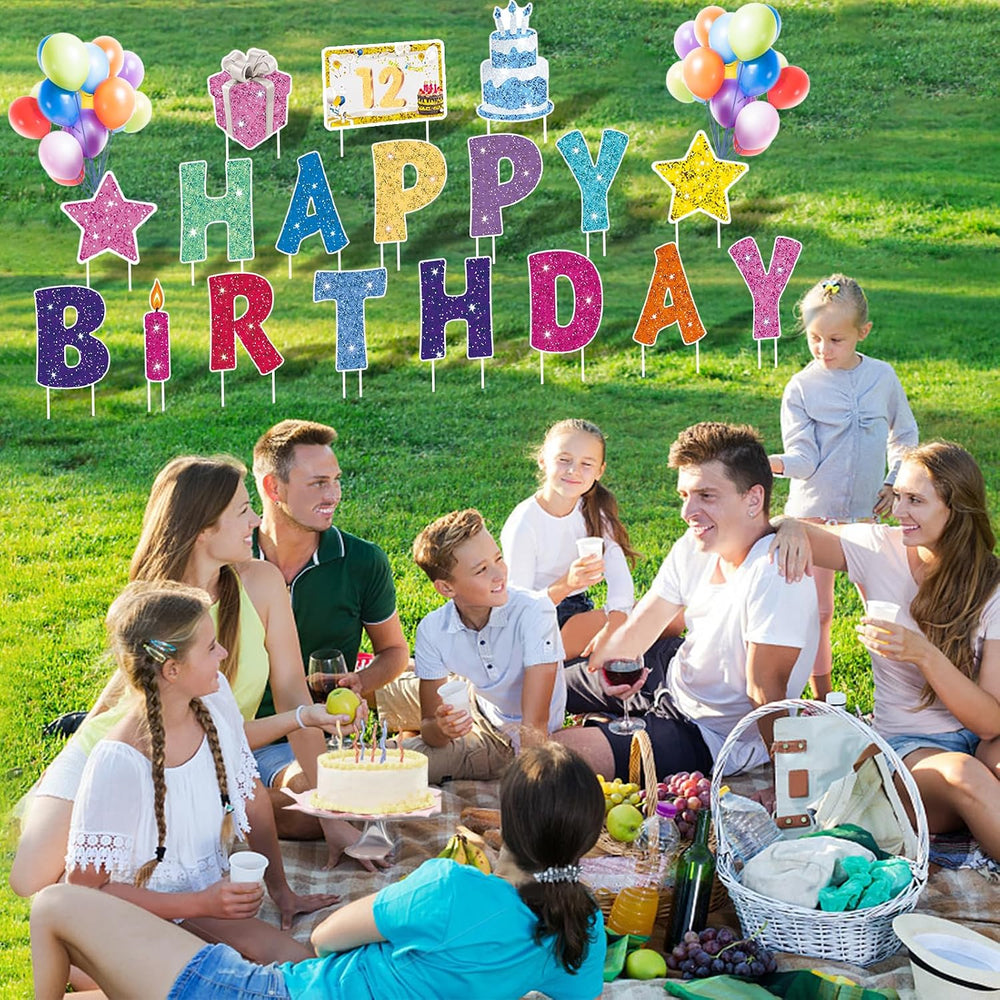 18Pcs Happy Birthday Yard Sign with Stakes,Led Light,16" Lawn Decor