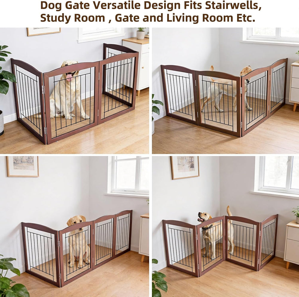 ZJSF Freestanding Foldable Dog Gate for House Extra Wide Wooden Brown Puppy G...