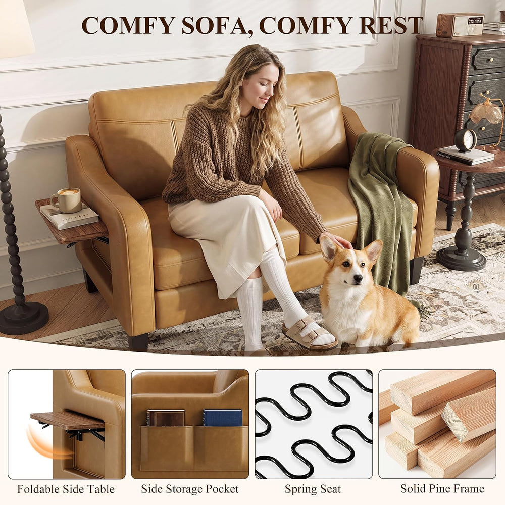 MALOL 51" Leather Accent Chair with Foldable Side Table, Brown