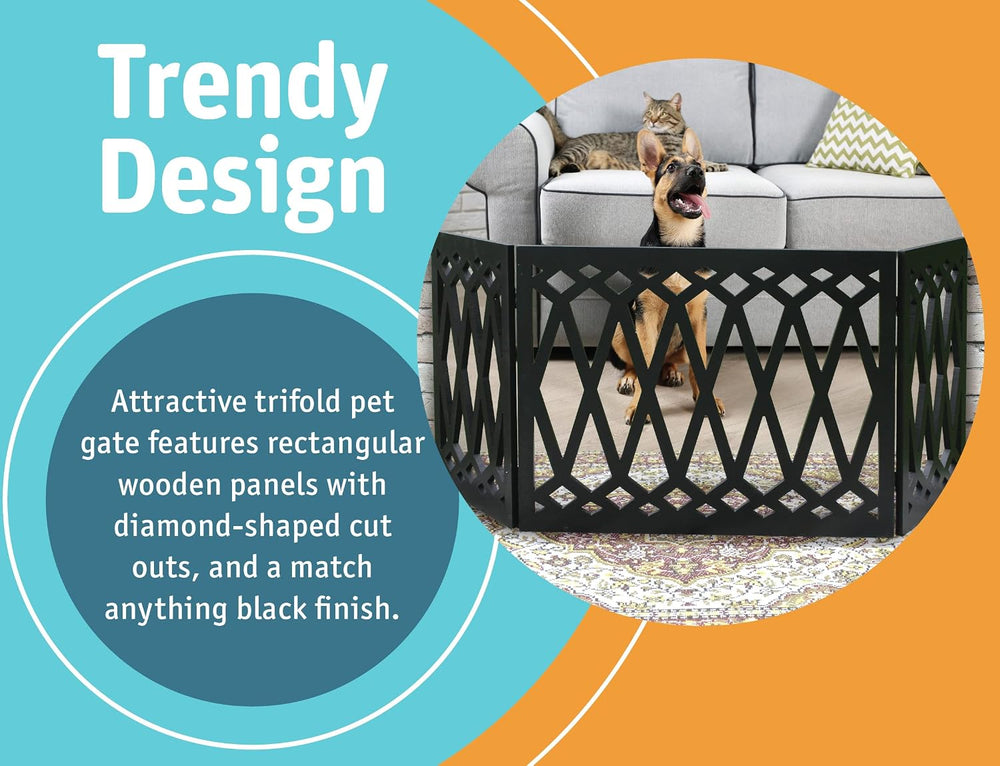 Etna 3-Panel Diamond Design Wood Pet Gate - Decorative Black Tri Fold Dog Fen...