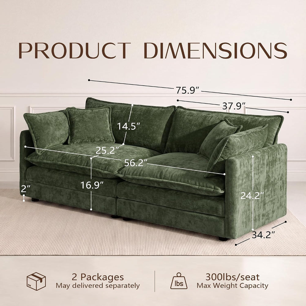 76" Chenille Sectional Sofa, Cloud Couch with Pillow,Deep Seat,Green