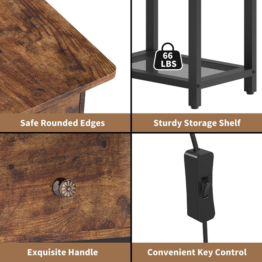 runjuly Floor Lamp with Table, Narrow Side Table with Charging Station