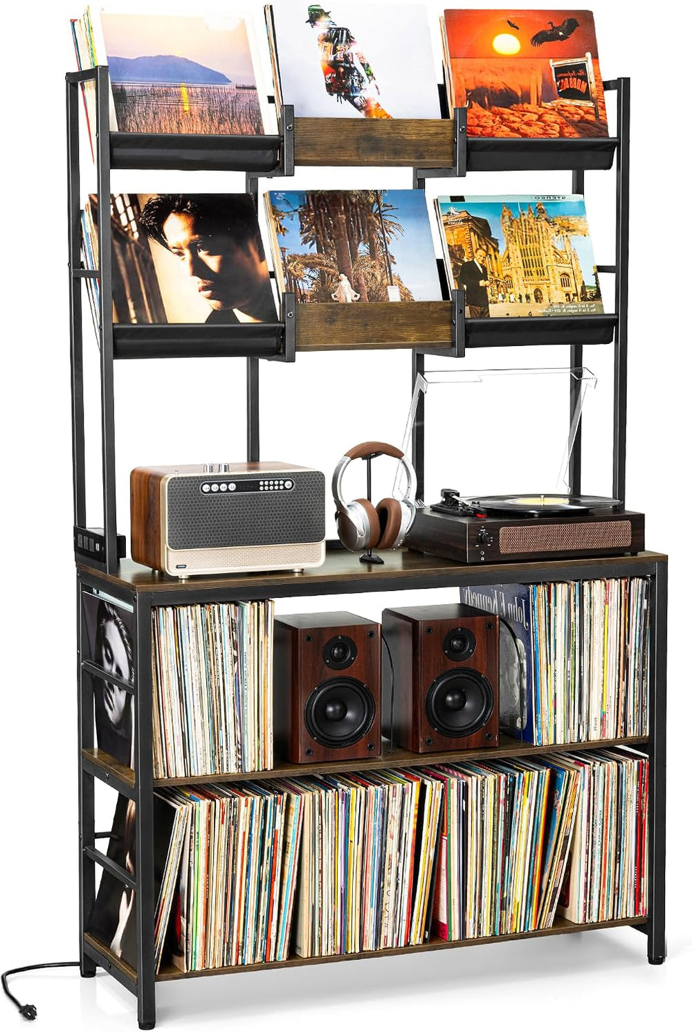 Aquzee Large Record Player Stand, Vinyl Record Stand with Charging Station