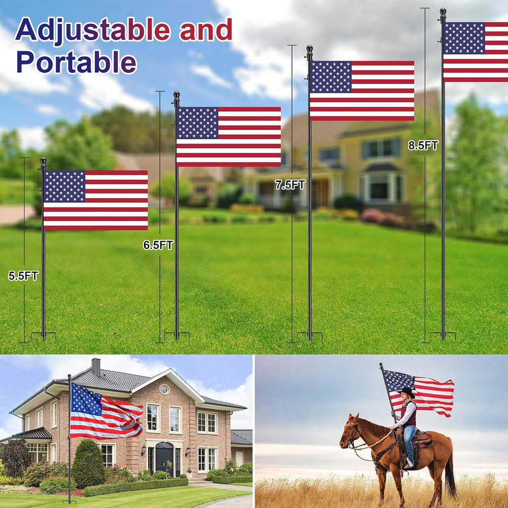 Ground Flag Pole Kit, 9.5 ft Adjustable, Stable 3-Prong Stake, 3x5 US Flag