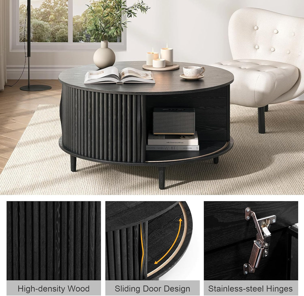 JOINICE 31.5" Round Coffee Table with Storage for Living Room, Black