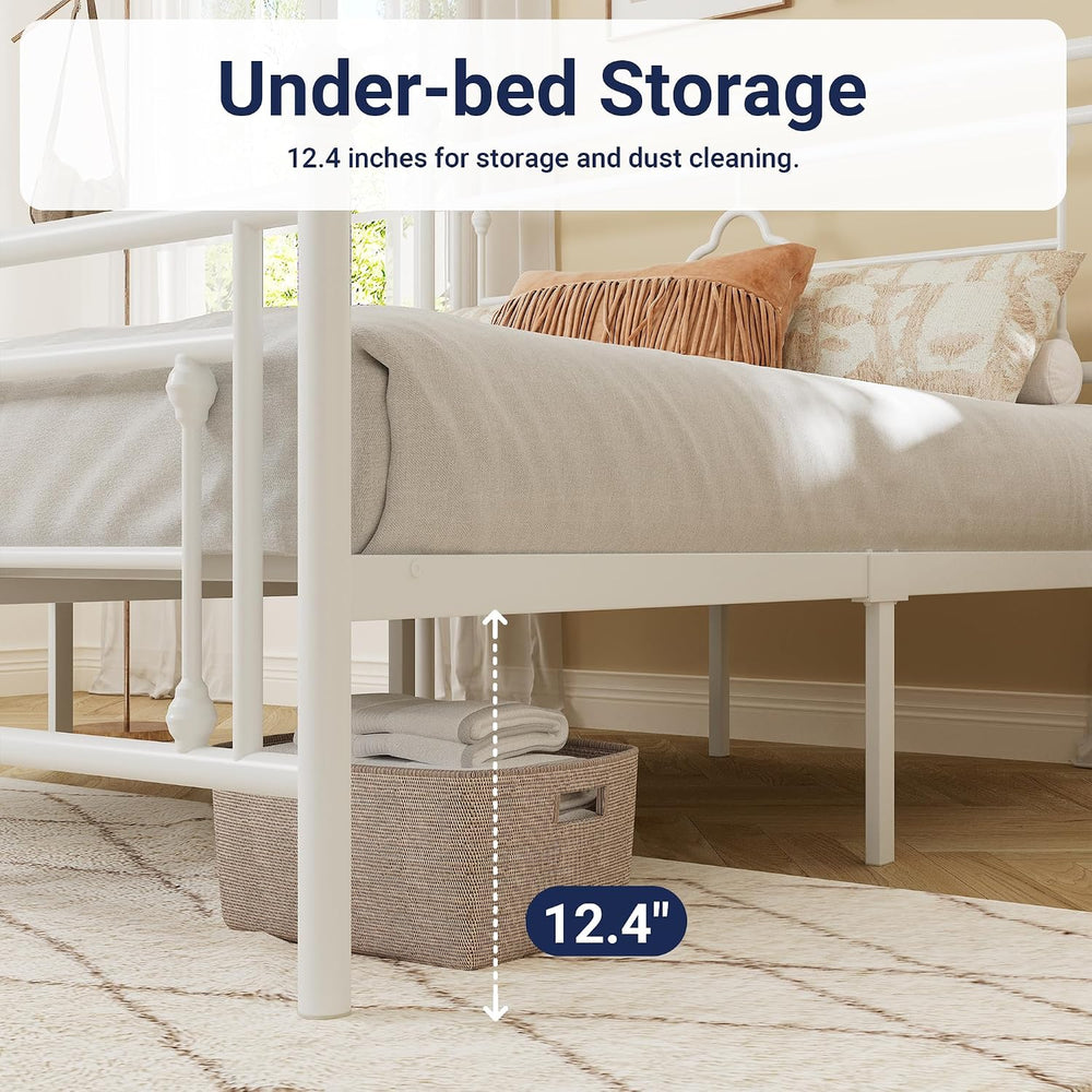 Allewie Full Size Metal Platform Bed Frame, Victorian Headboard, White