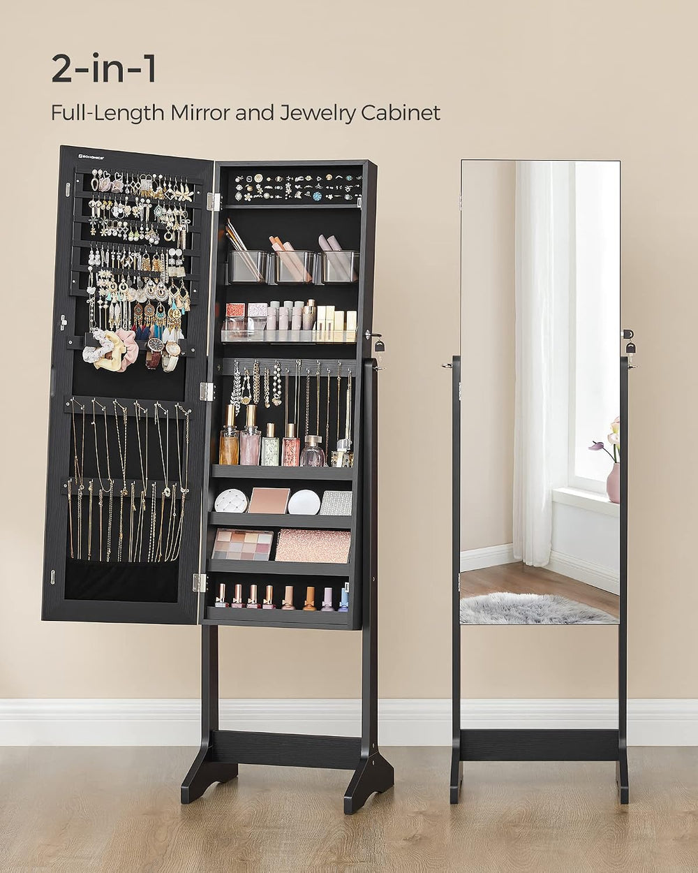 SONGMICS LED Jewelry Cabinet Standing, Lockable Armoire