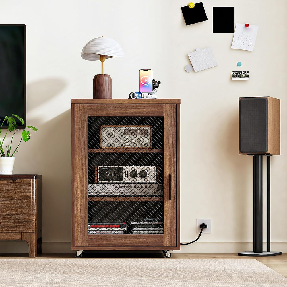 CHOEZON Media Cabinet with Charging Station, Stereo Cabinet with Wheels, Audi...