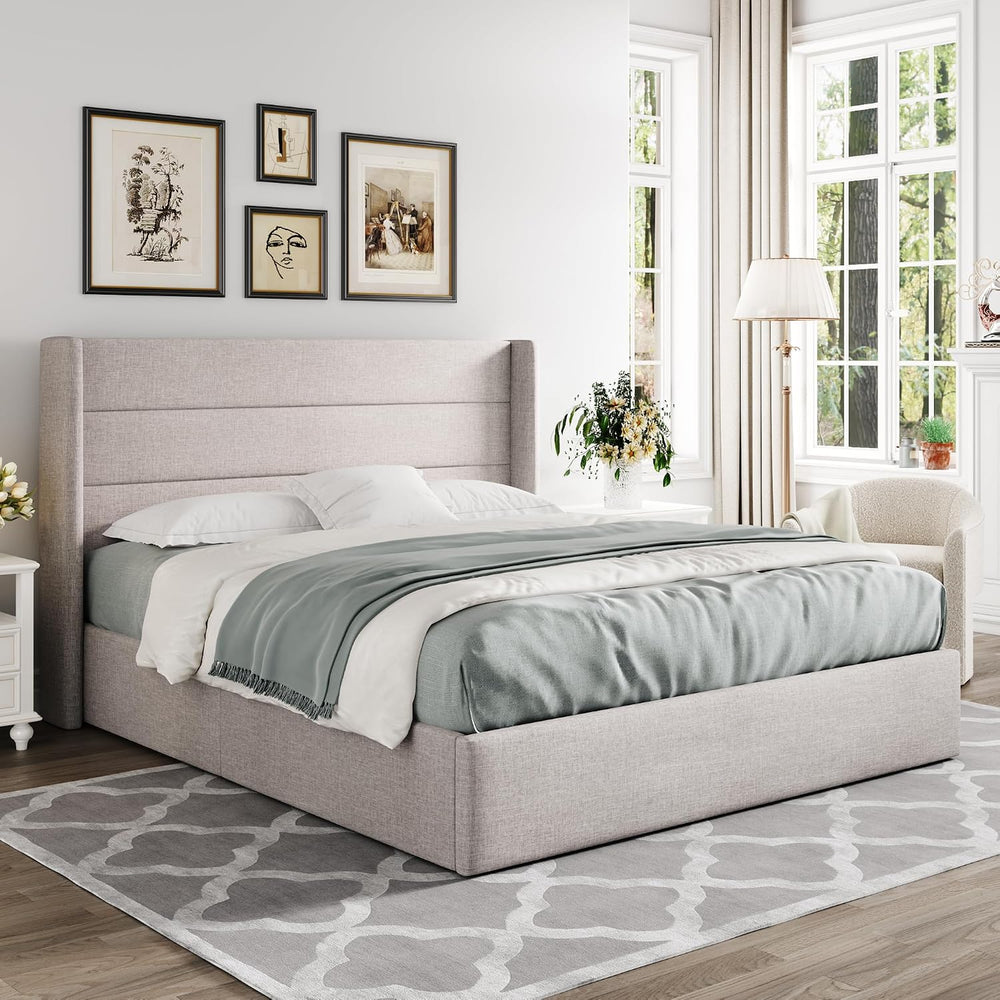 Allewie Queen Size Lift Up Hydraulic Storage Bed Frame Light Beige