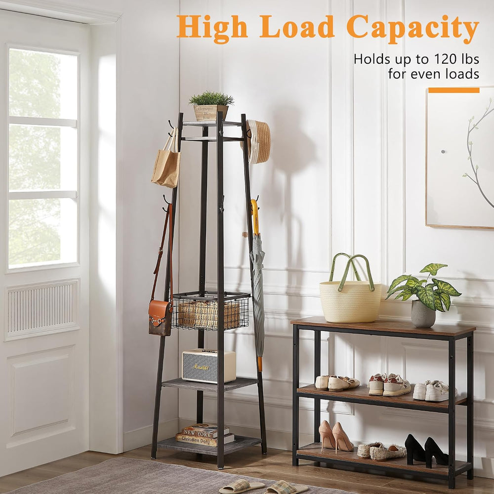 VECELO Coat Rack Freestanding,Hall Tree with Metal Basket and Storage Shelves...