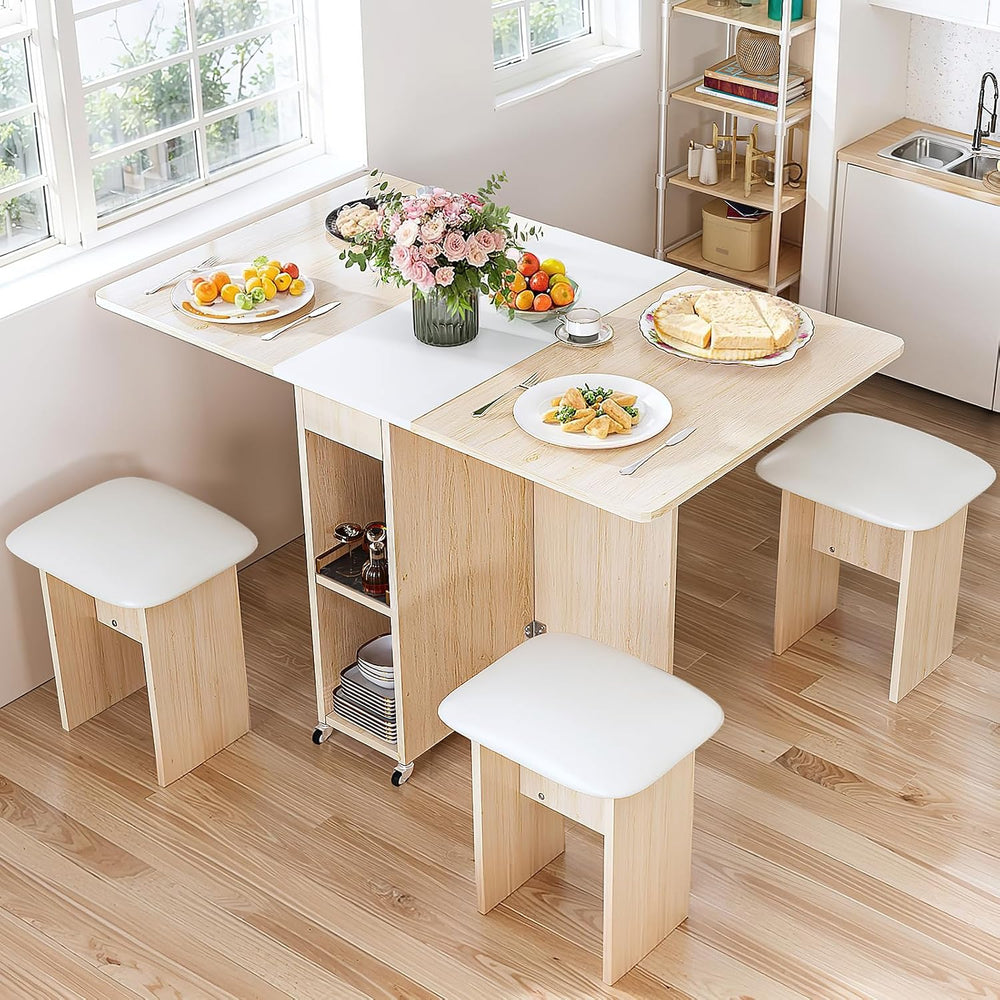 AWQM Folding Dining Table Set, Storage Folding Table & Chair, Beige White