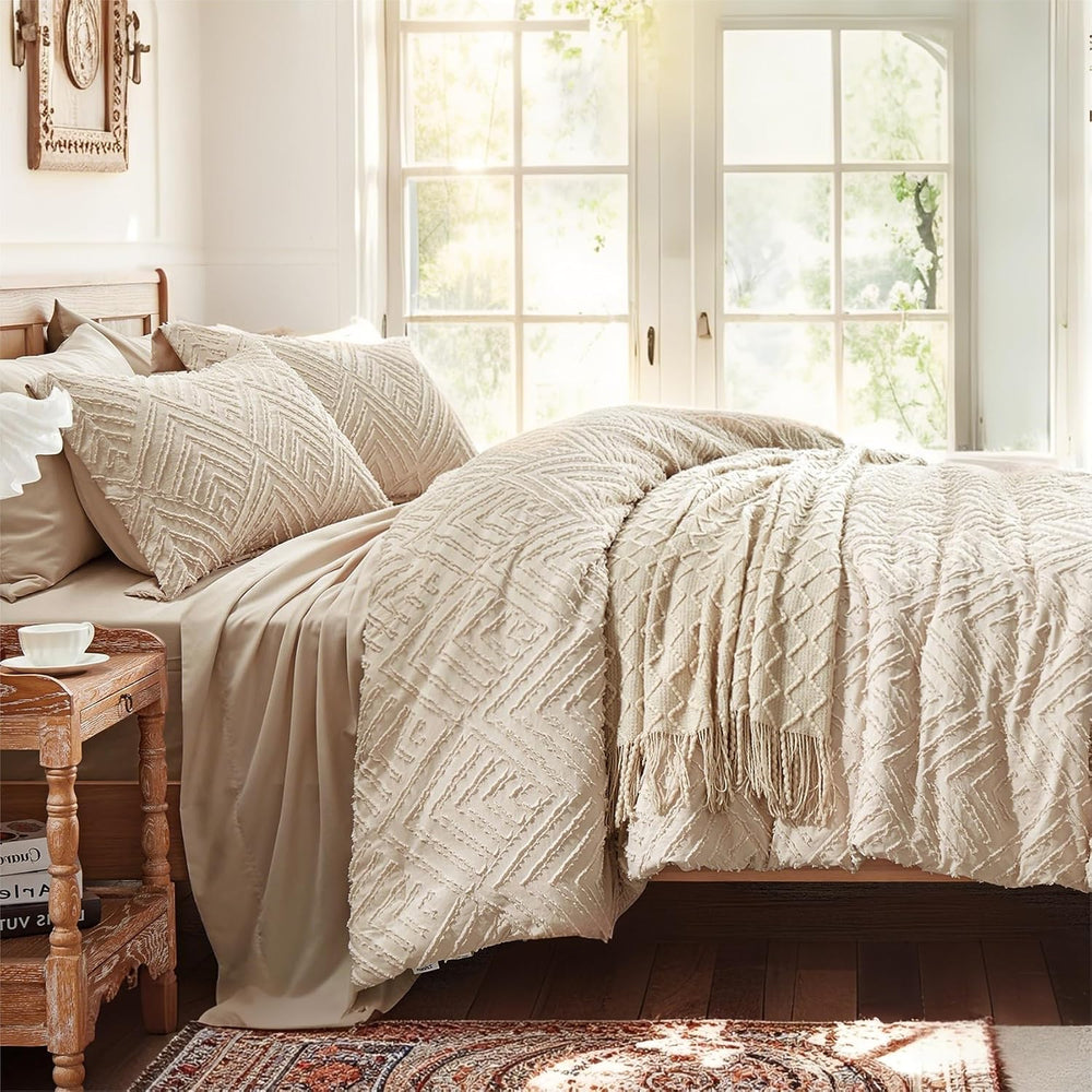 Zzlpp Queen Comforter Set 7 Piece, Beige Bed in a Bag Queen Bedding Sets