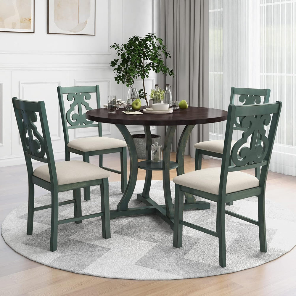 Harper & Bright Designs 5-Piece Round Table Set with Shelf, Wooden Family...