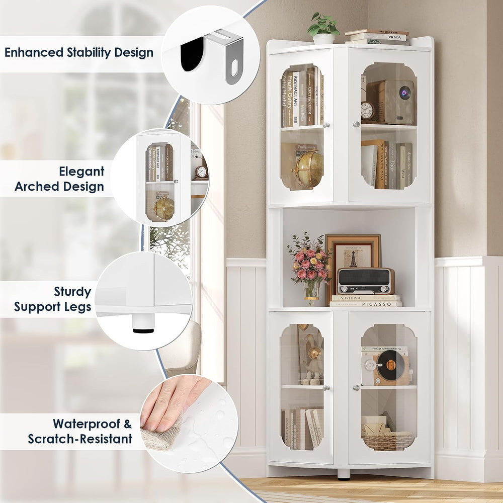 69" Tall Corner Storage Cabinet, 5-Tier Corner Hutch with Glass Doors,White