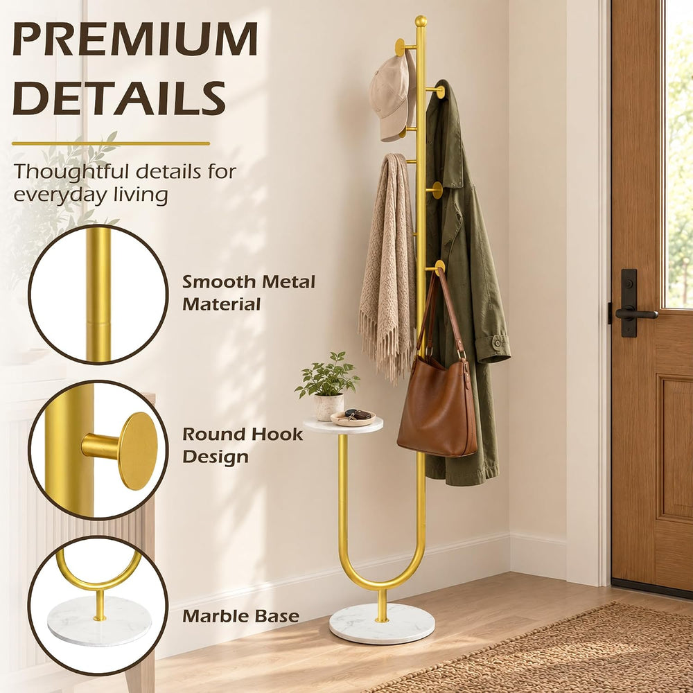 Metal Coat Rack Freestanding, Marble Table & Base, 6 Hooks (Gold)
