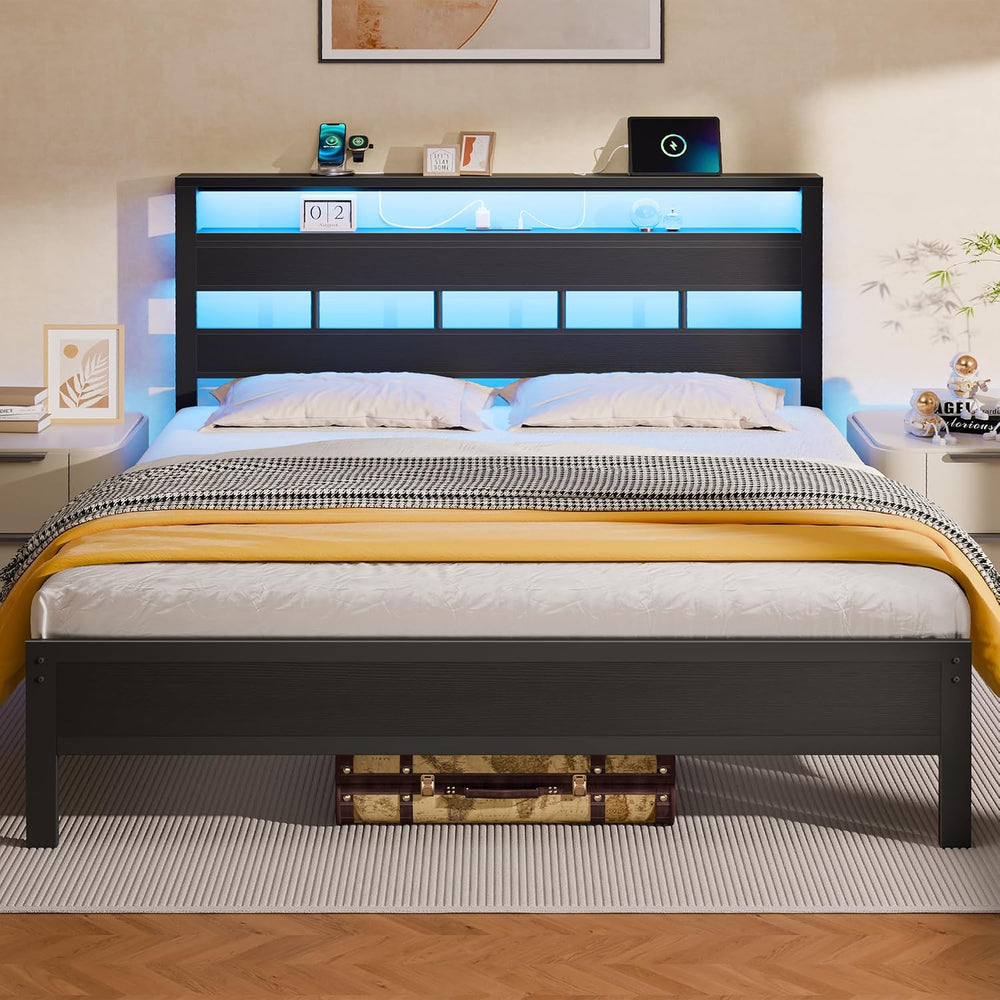 Furnulem Queen Bed Frame with Storage Headboard and LED Lights, Black Oak