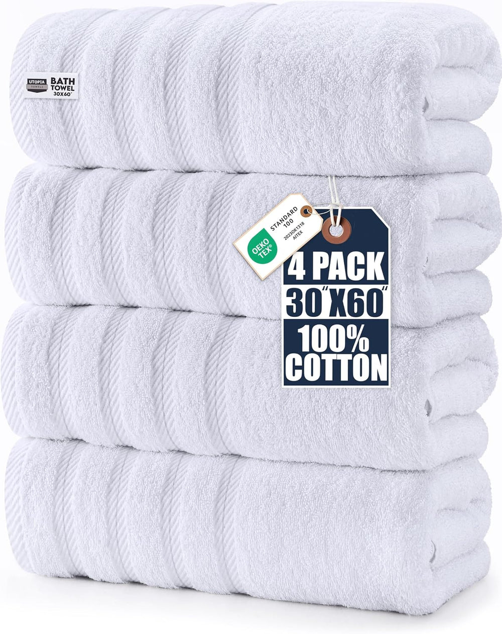 Utopia Towels 4 Pack Premium XL Bath Towels, 30x60 in, Cotton, White
