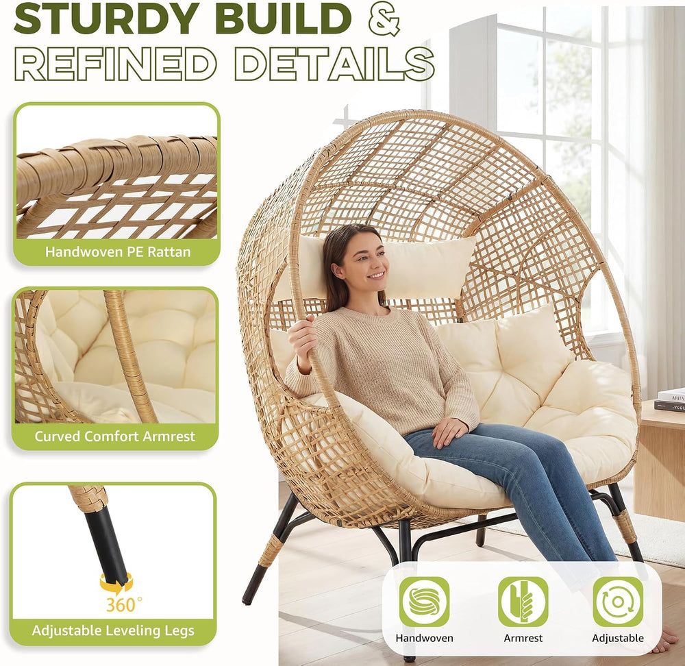 RADIATA Double Egg Chair with Ottoman, 2 Person Outdoor Wicker Loveseat