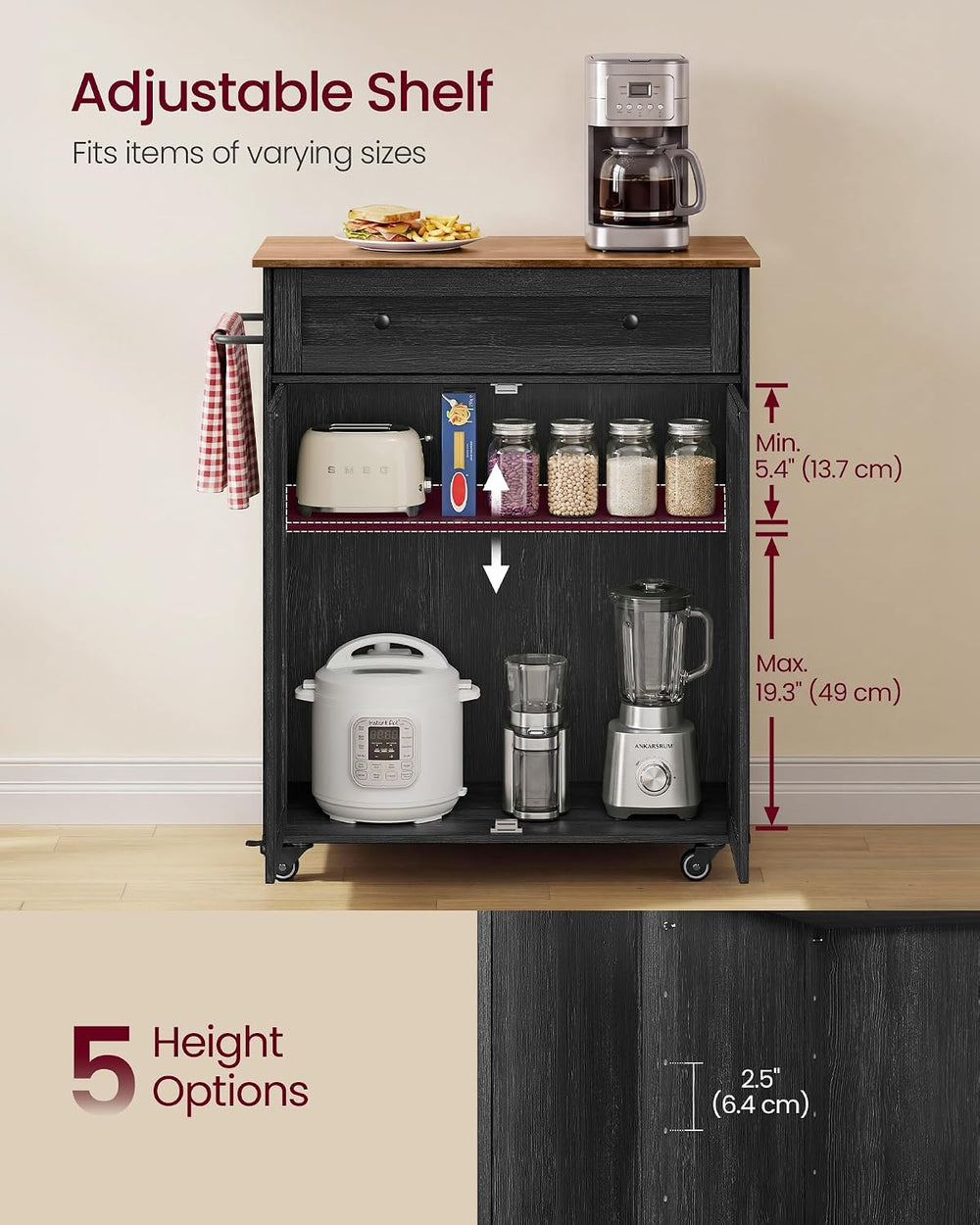 VASAGLE Mobile Kitchen Wooden Island Cart with Storage for Dining Room