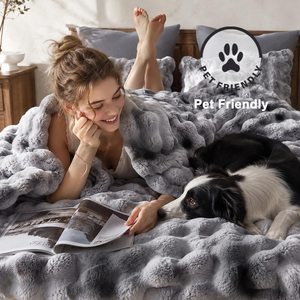 Wonderful - 3 Pieces Faux Rabbit Fur Comforter Set King Size, Grey Tie Dye Pl...