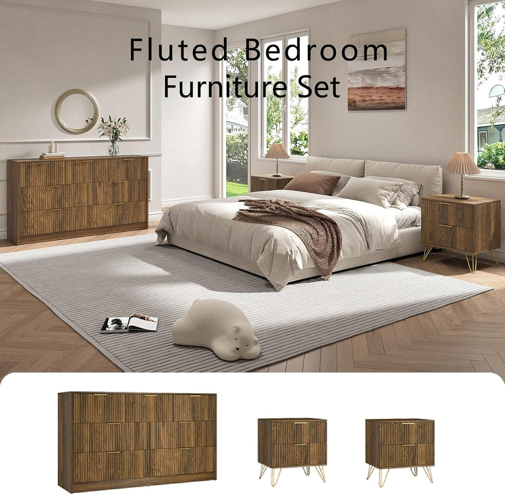 7 Drawer Dresser and Nightstand Sets for Bedroom, 3 Pcs Bedroom Set, Walnut丨N...