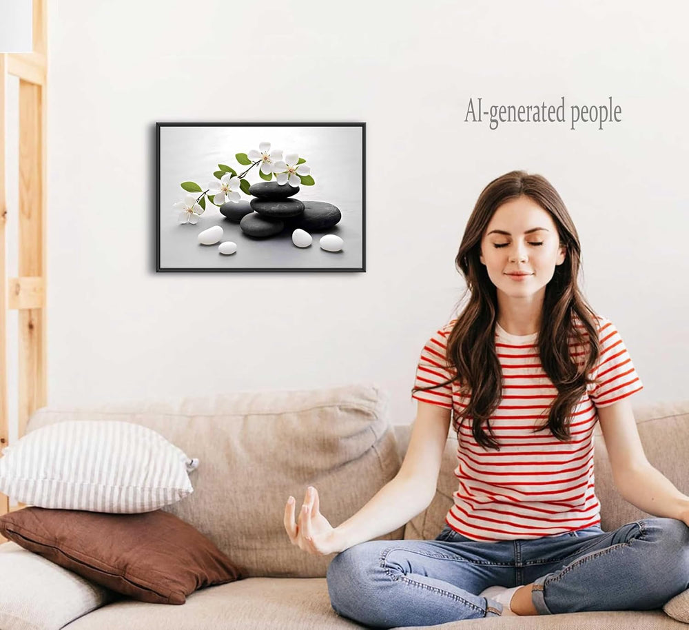 Framed Zen Stone Flower Canvas Wall Art Orchid Flower Black White Zen Stone P...