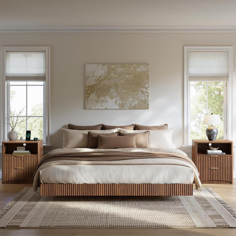 Evermagin Queen Bedroom Set, Floating Bed Frame & Charging Nightstands