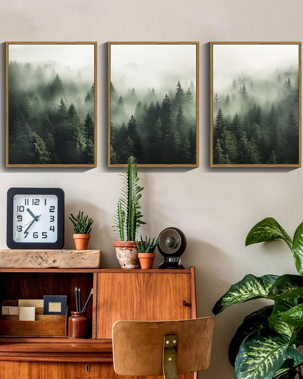 SHENIFY Green Fog Pine Tree Forest Canvas Wall Art 11x14in Framed Modern Artw...