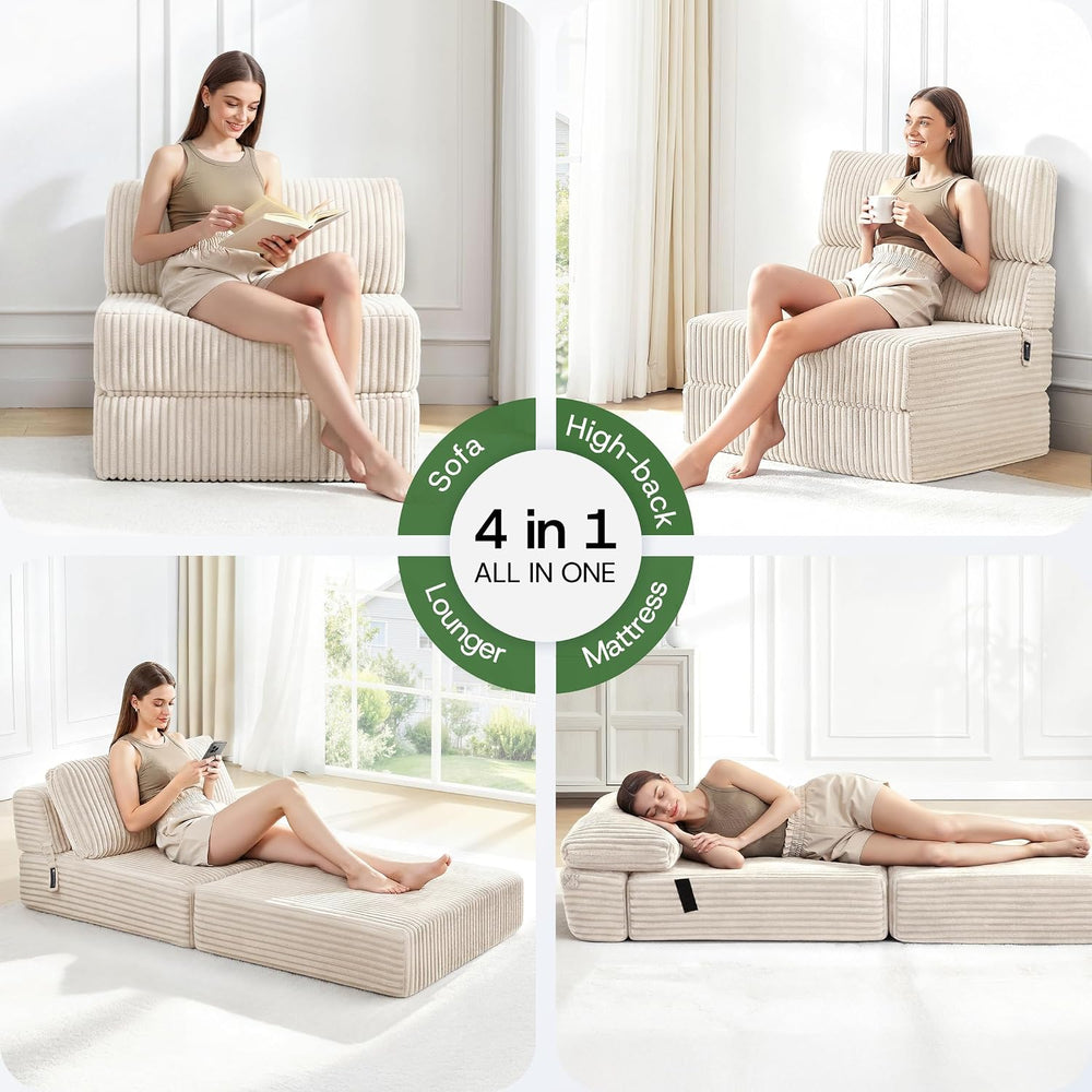 Folding Sofa Bed Convertible 4 in 1 Sleeper Chair Beige Twin