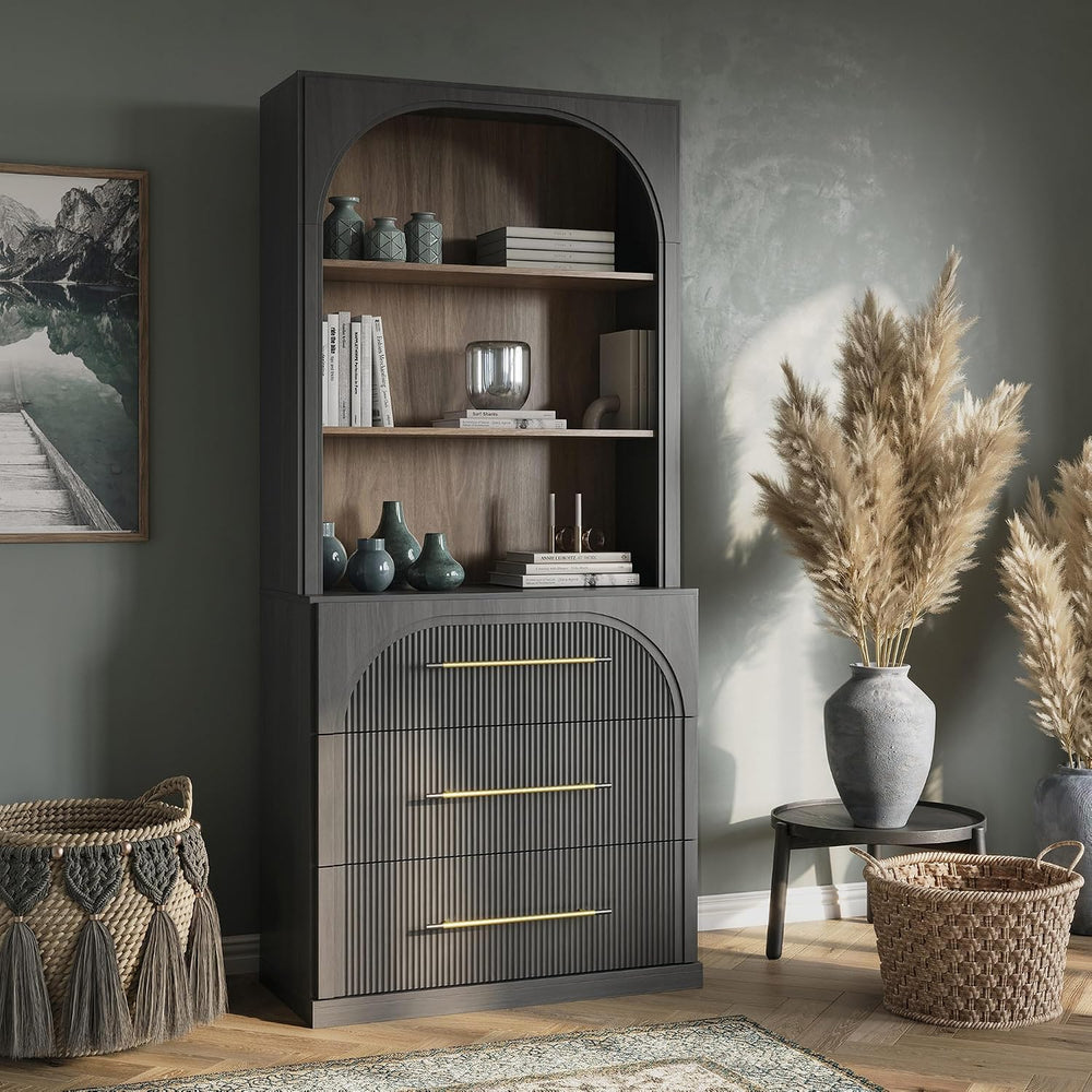 BELLEZE Display Storage Cabinet with Hutch, 72" Tall Wood Modern Bookshe...