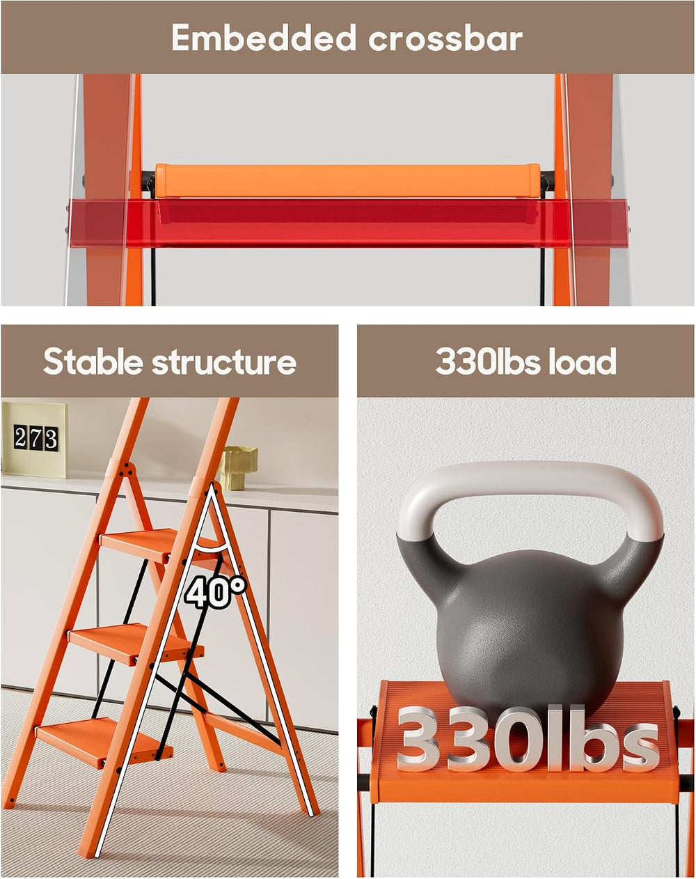 HillhutApex Aluminum 3 Step Ladder, Step Stool Foldable Ladder(Orange)