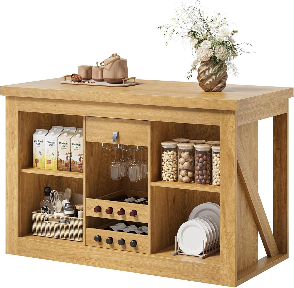 Viviwood Kitchen Island with Storage, 55" Farmhouse Stationary Island Ta...