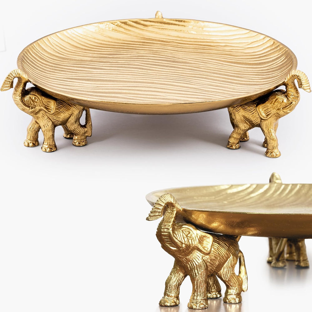 Golden Tray with Elephant Stand - Round Decorative Coffee Table Centerpiece