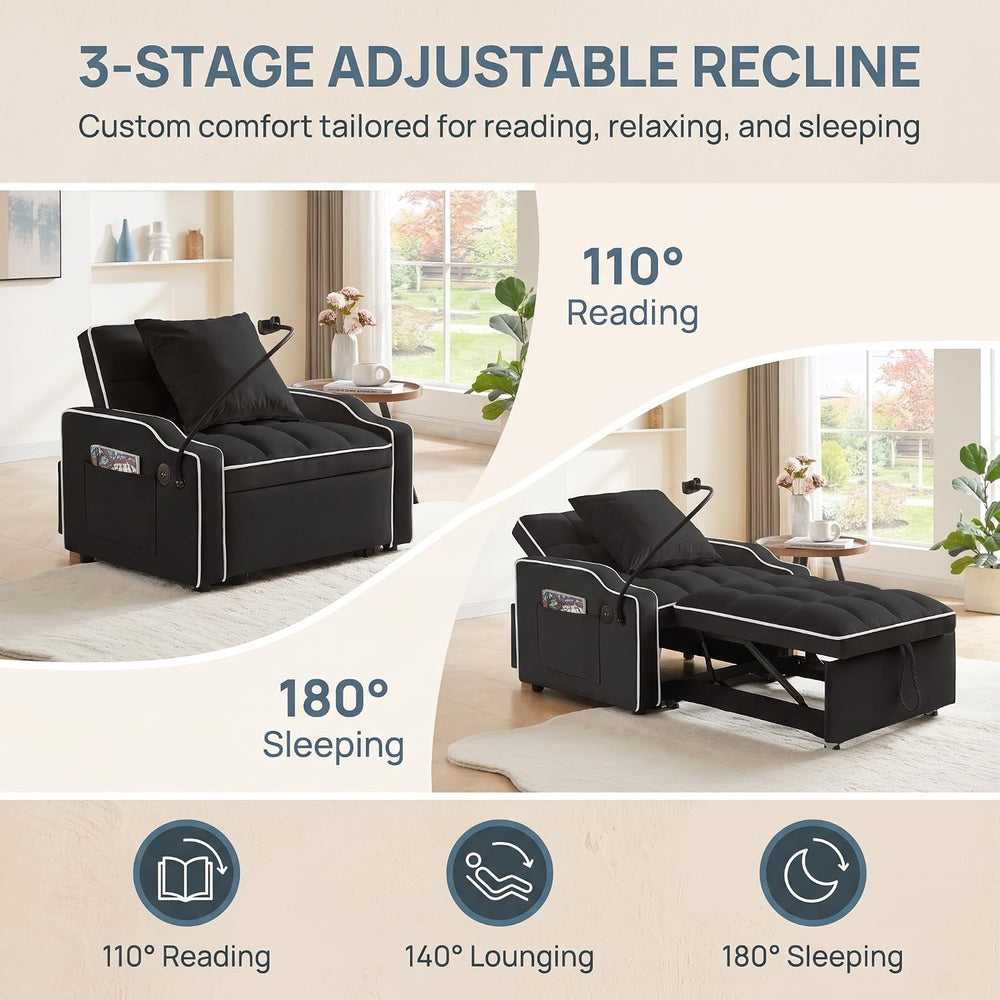 Single Sleeper Chair with USB Port, 3 In1 Pull Out Sofa Bed, Black