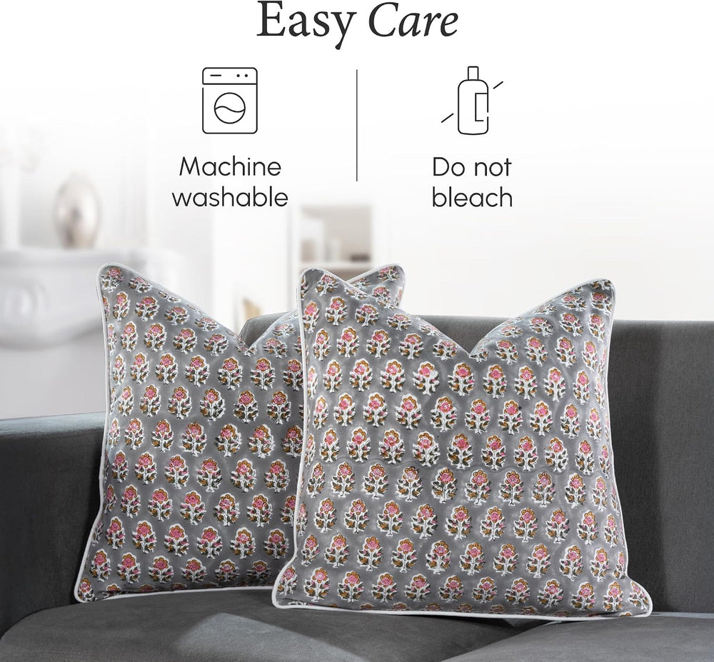 CPC Labra Grey Block Print Throw Pillow Covers 18x18 Inch, Pack of 2