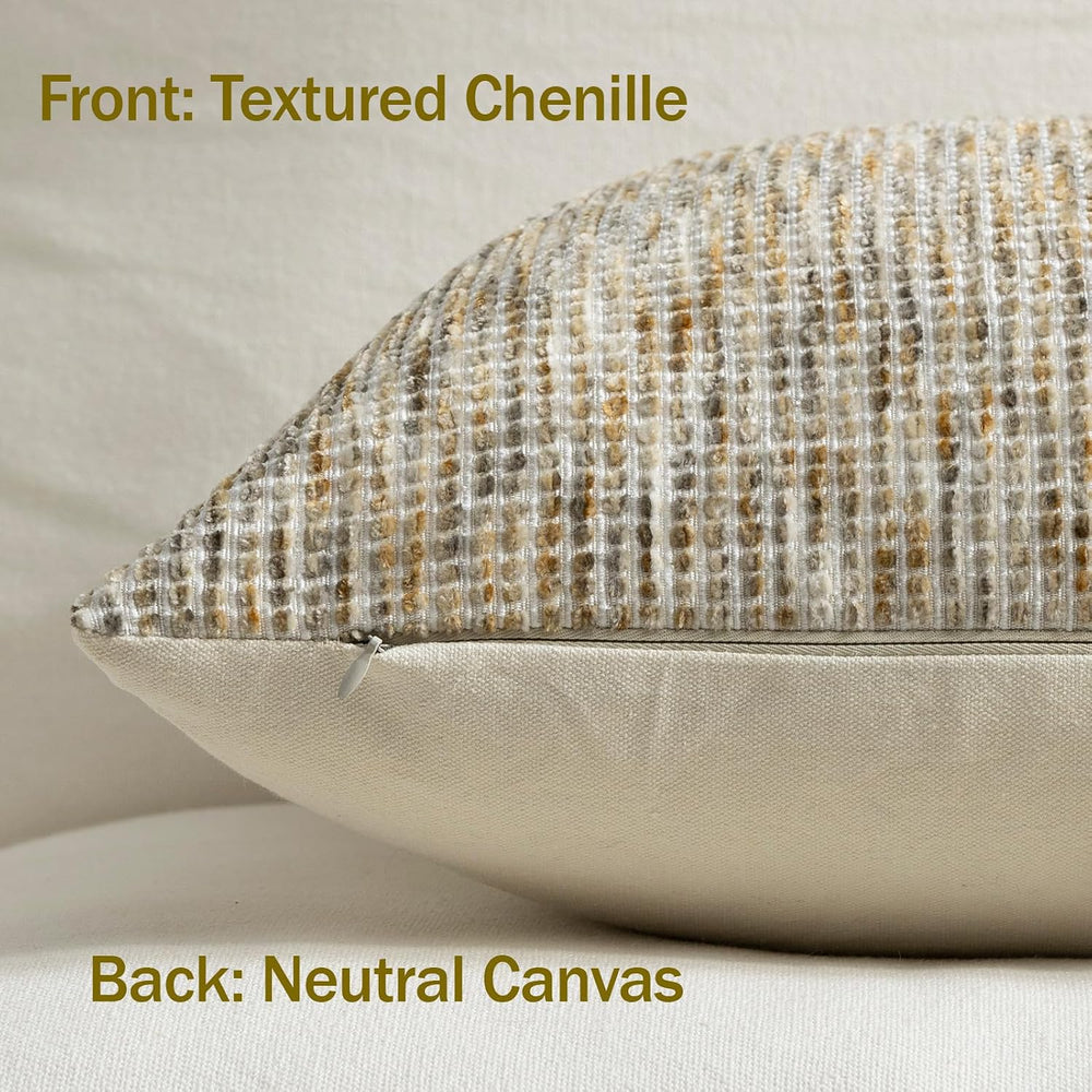 Pack of 2 Neutral Euro Sham Covers 24x24 Boho Textured Dots Stripe Chenille L...