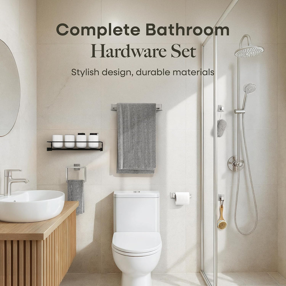 Brushed Nickel Bathroom Hardware Set, 5-Pcs + Shelf & 2 Adhesive Robe Hooks