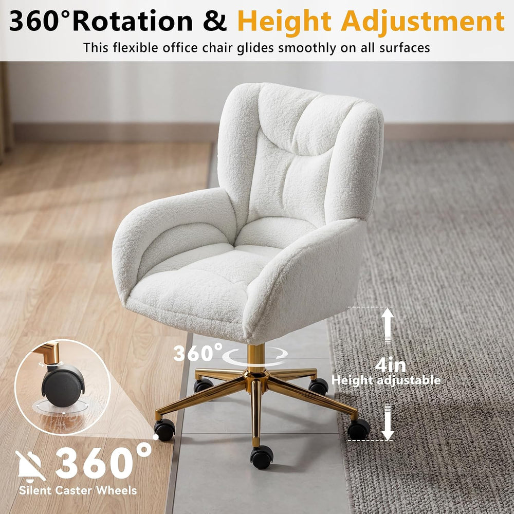 FOXHUNTER Vanity Chair with Wheels 360°Swivel Office Chair Teddy, White