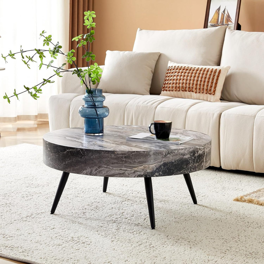 Round Coffee Table, Small Wood Marble Coffee Table with Metal Legs, Modern Mi...