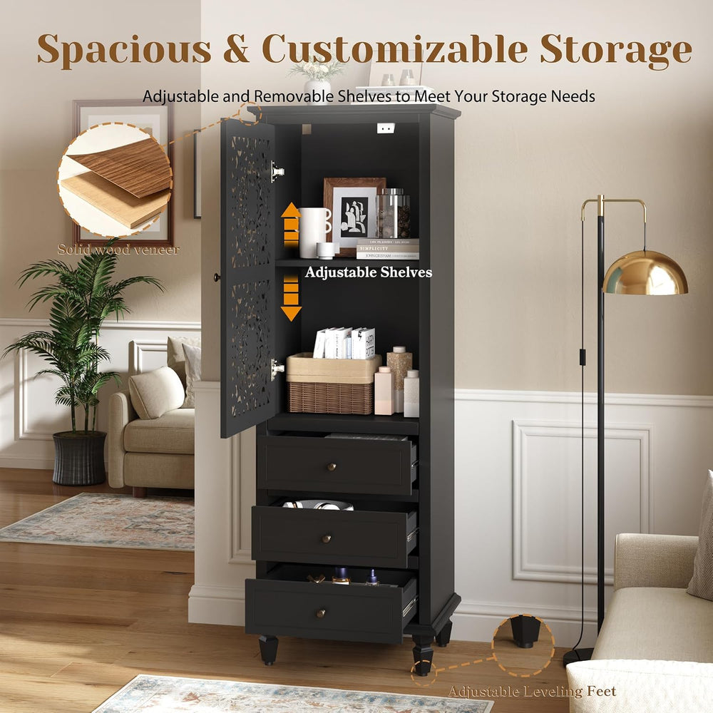 Accent Cabinet with Doors, 63" Tall Vintage Storage Cabinet Black
