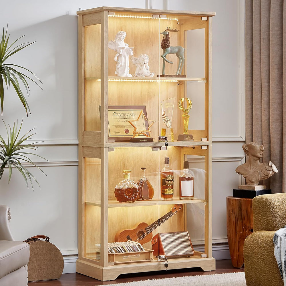 LELELINKY Farmhouse Glass Display Cabinet with Lock, Natural Wood